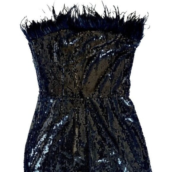 Lulus Strapless Black Sequin Jumpsuit With Ostrich Feather Trim Large NWT - Picture 6 of 12